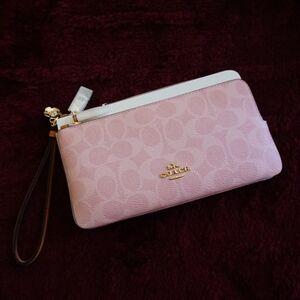 Coach Double Zip Wristlet In Signature Canvas With Charms Gold/Powder Pink